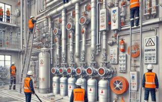 Ilustración de un sistema de extinción semifijo en un entorno industrial, mostrando tuberías y válvulas fijas junto con mangueras móviles conectadas por personal capacitado que activa el flujo de agentes extintores como espuma o agua.