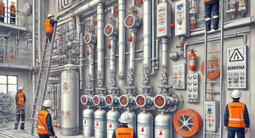 Ilustración de un sistema de extinción semifijo en un entorno industrial, mostrando tuberías y válvulas fijas junto con mangueras móviles conectadas por personal capacitado que activa el flujo de agentes extintores como espuma o agua.