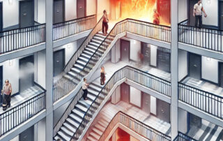 Ilustración de una escalera en un edificio residencial con vecinos y un peligro real de incendio. Se observan llamas y humo, destacando la necesidad de sistemas de protección contra incendios en comunidades.
