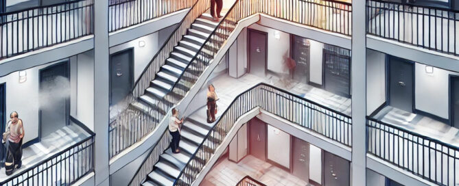 Ilustración de una escalera en un edificio residencial con vecinos y un peligro real de incendio. Se observan llamas y humo, destacando la necesidad de sistemas de protección contra incendios en comunidades.