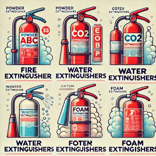 Tipos de Extintores y Normativas Ilustración de diferentes tipos de extintores, incluyendo extintores de polvo ABC, CO2, agua y espuma, con etiquetas que destacan sus usos específicos.