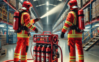 Operarios utilizando un sistema de extincion portatil en un entorno industrial para controlar un incendio, mostrando seguridad y eficiencia en la protección contra incendios.