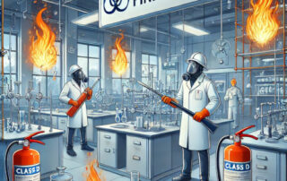 Ilustración de un laboratorio químico donde trabajadores con mascarillas y equipo de protección utilizan extintores de clase D para apagar un fuego de clase D en metales en combustión.
