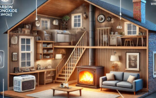 Ilustración de una vivienda que muestra fuentes comunes de monóxido de carbono, como una chimenea con problemas, una estufa de gas sin ventilación y un generador portátil encendido en interiores. Diseñado para destacar los peligros de este gas en el hogar.