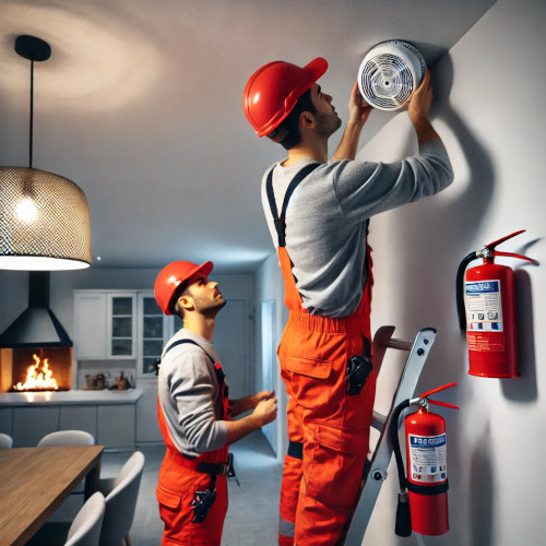 Operarios instalando medidas de prevención de incendios en una vivienda, colocando un extintor y un detector de humo en un entorno doméstico moderno.
