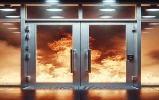 Puerta cortafuegos con resistencia al fuego durante un incendio en edificio comercial o industrial
