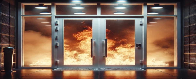 Puerta cortafuegos con resistencia al fuego durante un incendio en edificio comercial o industrial