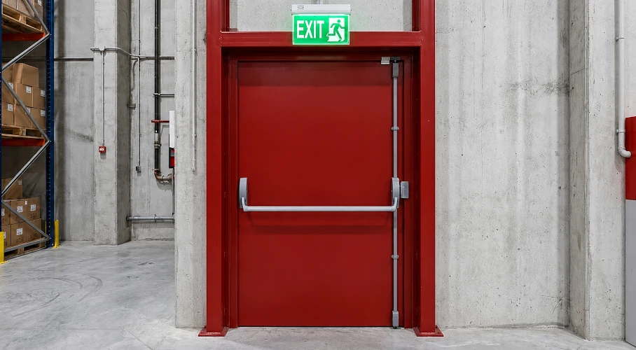 Puerta cortafuegos industrial con se帽al luminosa de salida de emergencia Puerta cortafuegos roja en nave industrial con se帽al verde iluminada de salida de emergencia exit