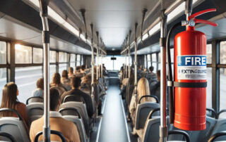 Interior de un autobús con pasajeros y extintores instalados, destacando las medidas de seguridad contra incendios.