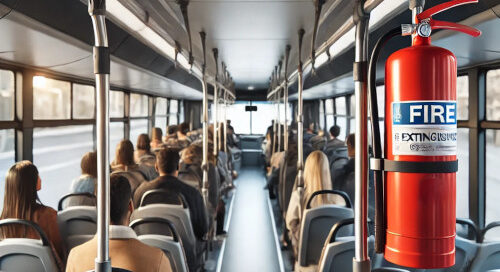 Interior de un autobús con pasajeros y extintores instalados, destacando las medidas de seguridad contra incendios.