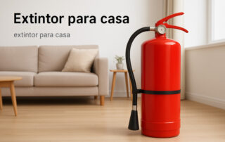 Extintor rojo en una sala de estar moderna, colocado junto a un sofá beige, destacando su presencia como elemento de seguridad en el hogar.