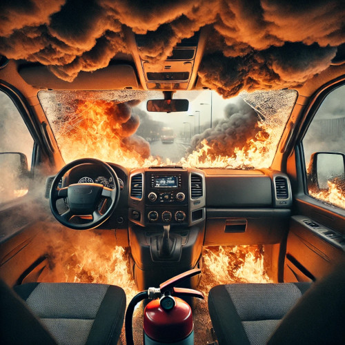 Fuego dentro del coche ¿Que hacer si tu coche sale ardiendo? Interior de un coche en llamas con fuego y humo cubriendo el tablero, los asientos y el techo. Un extintor rojo está colocado en el centro del vehículo, listo para ser usado en la emergencia.