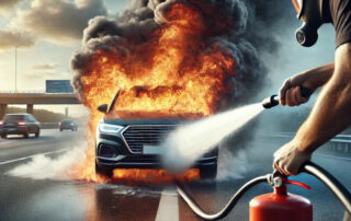 ¿Que hacer si tu coche sale ardiendo? Un coche en llamas en una carretera con grandes llamas y humo negro saliendo del capó. En primer plano, una persona con máscara de protección usa un extintor rojo para intentar apagar el incendio.