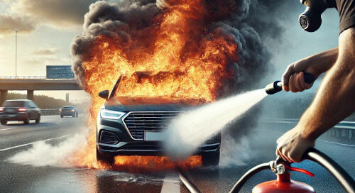 ¿Que hacer si tu coche sale ardiendo? Un coche en llamas en una carretera con grandes llamas y humo negro saliendo del capó. En primer plano, una persona con máscara de protección usa un extintor rojo para intentar apagar el incendio.