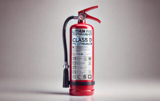 Extintor rojo Clase D para incendios de baterías de litio sobre fondo blanco.