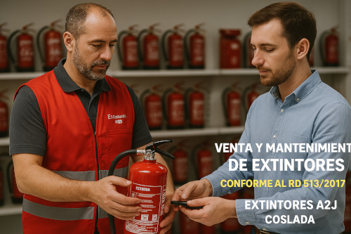 Técnico de mantenimiento con chaleco de seguridad rojo con el logotipo de extintores a2J vendiendo equipos contra incendios desde una tienda a otra persona sin chaleco. La imagen enfoca claramente sus manos mientras vende equipos contra incendios. Al fondo, otros equipos desenfocados de sistemas contra incendios en una tienda que sugieren un entorno profesional.